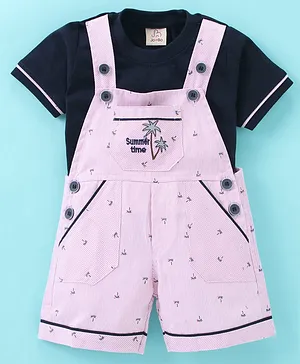 Jo&Bo Half Sleeves Palm Trees Printed & Pin Striped Dungaree With Tee - Pink