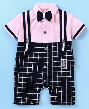 Jo&Bo Half Sleeves Window Pane Checked Suspender Style Party Romper With Bow  - Pink
