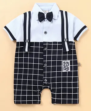 Jo&Bo Half Sleeves Window Pane Checked Suspender Style Party Romper With Bow - Sky Blue