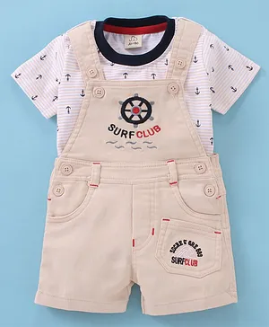 Jo&Bo Half Sleeves Steer Wheel Embroidered Dungaree With Ship Anchor Printed Striped Tee - Butter
