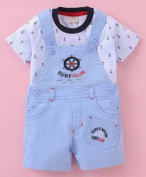 Jo&Bo Half Sleeves Steer Wheel Embroidered Dungaree With Ship Anchor Printed Striped Tee - Sky Blue