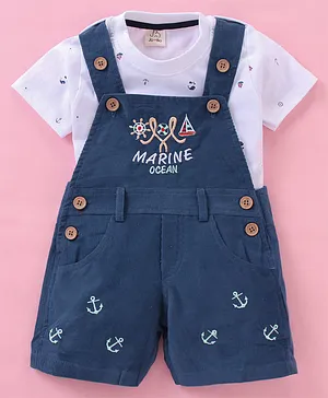 Jo&Bo Half Sleeves Sailor Theme Embroidered Dungaree With Printed Tee - Blue