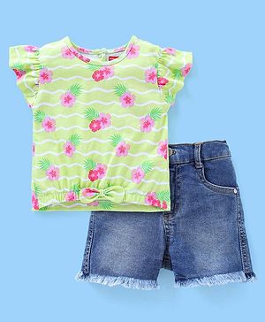 Babyhug 100% Cotton Half Sleeves Top & Shorts Set Floral Print- Lime & Blue