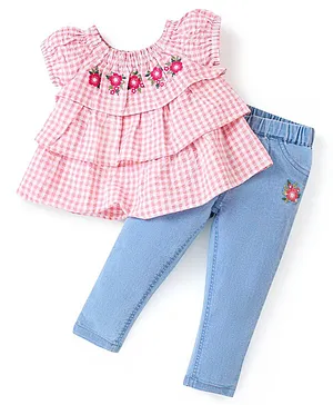 Babyhug 100% Cotton Half Sleeves Checked Top & Jeans Set Floral Embroidery- Pink & Blue