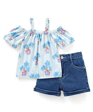 Babyhug 100% Cotton Cold Shoulder Sleeves Top & Shorts Set Floral Print- Blue & White