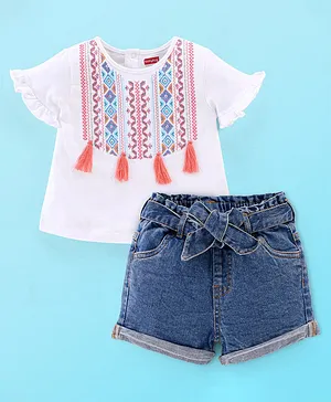 Babyhug 100% Cotton Knit Half Sleeves Top & Denim Shorts Set Argyle Embroidery - Blue & White