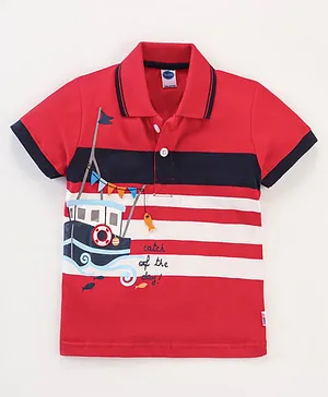 Teddy Sinker Half Sleeves T-Shirt Striped With  Fishing Boat Print- Red