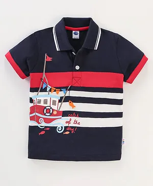 Teddy Sinker Half Sleeves T-Shirt Striped With  Fishing Boat Print- Navy Blue