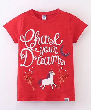 Teddy Cotton Knit Half Sleeves T-Shirt with Text Stars & Unicorn Print - Red