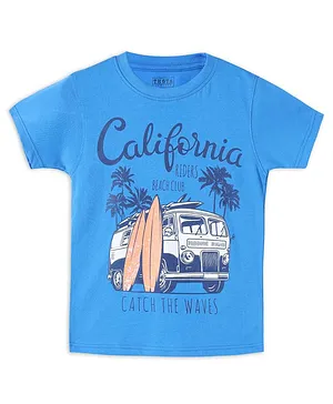 THETA Sea Theme Half Sleeves California Vacation Bus Graphic Printed Tee - Blue