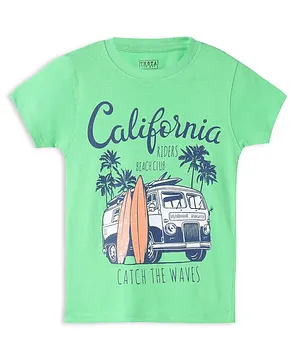 THETA Sea Theme Half Sleeves California Vacation Bus Graphic Printed Tee - Green