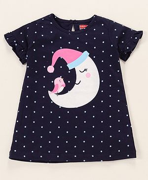 Babyhug Cotton Knit Half Sleeves Night Gown with Star Print - Navy Blue