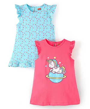 Babyhug Cotton Knit Half Sleeves Nighty Heart & Unicorn Print Pack of 2 - Pink & Blue