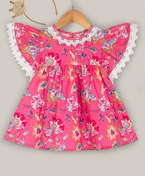 Hugsntugs Half Frill Sleeves Floral Printed Top With Lace Border Embroidered Detail  - Pink