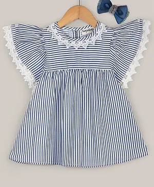 Hugsntugs Half Frill Sleeves Candy Striped With Border Lace Floral Embroidered Detail  - Blue