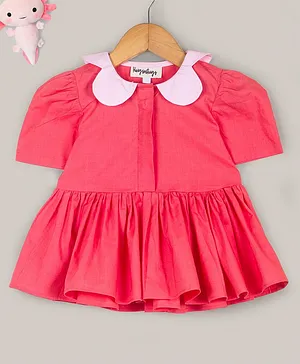 Hugsntugs Half Sleeves Solid Peplum Style Top With Contrast Collar Uneven Collar - Coral Pink