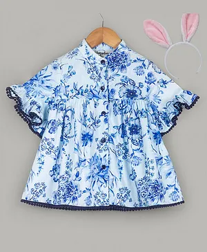 Hugsntugs Half Frill Sleeves Botanical Floral Printed Top With Contrast Lace Embroidered Detail - White & Blue