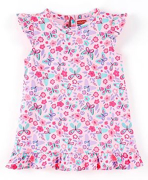 Babyhug Cotton Knit Short Sleeves Nighty Butterfly  Printed  - Pink