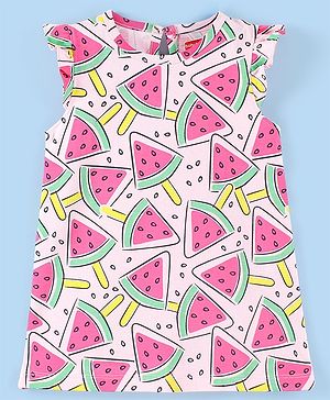 Babyhug Cotton Frill Sleeves Night Watermelon Print- Peach