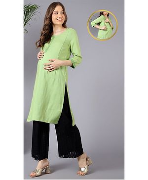 Zelena Soft Three Fourth Sleeves Grecian Square Pattern Embroidered Maternity Kurti With Vertical Concealed Zipper Nursing Access - Green