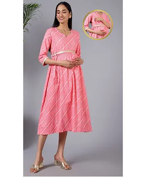 Zelena Three Fourth Sleeves Checkered & Embroidered Lace Embellished Fit & Flare Maternity Dress With Vertical Concealed Zipper Nursing Access - Pink