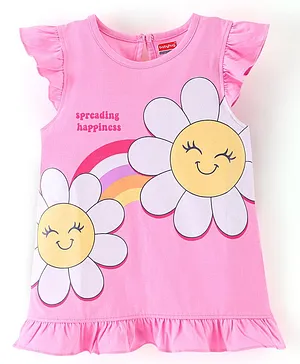 Babyhug Cotton Knit Frill Sleeves Knee Length Nighty Sunflower Print - Pink