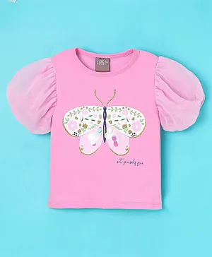 Little Kangaroos Cotton Lycra Half Sleeves Butterfly Printed Top - Pink