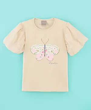 Little Kangaroos Cotton Lycra Half Sleeves Top Butterfly Print- Beige