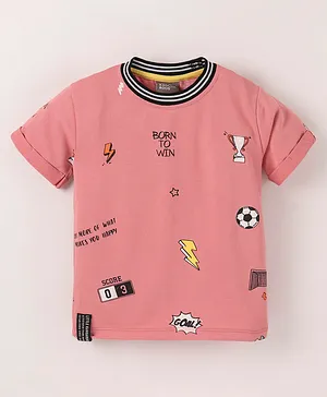 Little Kangaroos Cotton Knit Half Sleeves T-Shirt Football & Text Print - Chalk Pink