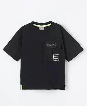 Little Kangaroos Loose Fit Half Sleeves Drop Shoulder T-Shirt Side Pocket Text Print  - Black