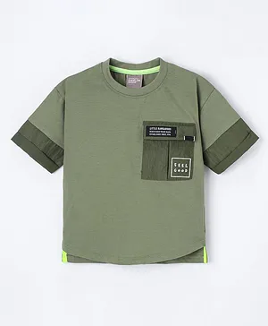 Little Kangaroos Loose Fit Half Sleeves Drop Shoulder T-Shirt Side Pocket Text Print  - Green