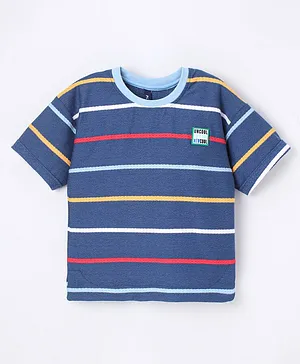 Little Kangaroos 100% Cotton Loose Fit Half Sleeves T-Shirt Striped - Blue