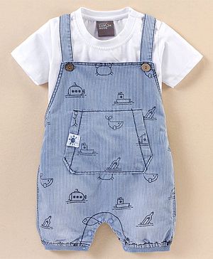 Little Kangaroos 100% Cotton Half Sleeves  T-Shirt Jaquard Strip Dungarees Set Ship Print - Blue & White