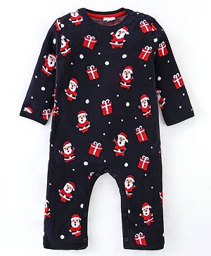 Babyhug 100% Cotton Full Sleeves Winter Wear Romper With Santa Claus Print - Navy Blue & Red