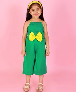 Lil Drama Sleeveless Smocked Bodice Detailed & Bow Embellished Jumpsuit - Green
