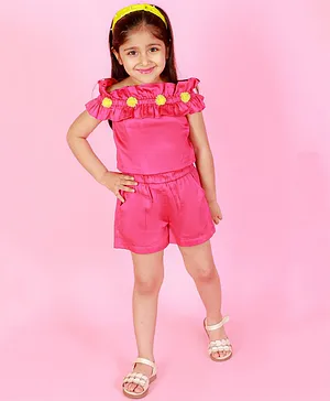 Lil Drama Off Shoulder Short Sleeves Flower Applique Embellished Ruffled Top With Solid Shorts - Pink