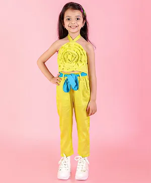 Lil Drama Sleeveless 3D Rose Rose On Yoke Embellished Halter Neck Top With Pant - Yellow