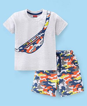 Babyhug 100% Cotton Half Sleeves T-Shirt & Shorts Set Camo Print- Grey Melange & Blue