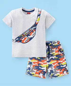 Babyhug 100% Cotton Half Sleeves T-Shirt & Shorts Set Camo Print- Grey Melange & Blue