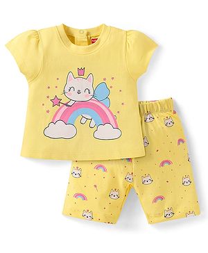 Babyhug Cotton Half Sleeves Capri Night Suit Kitty & Rainbow Print- Yellow