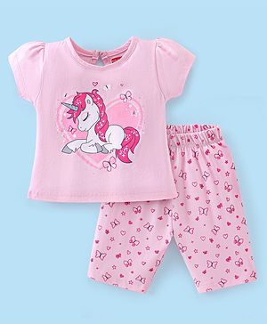 Babyhug Cotton Half Sleeves Capri Nightwear Set Unicorn Print - Pink