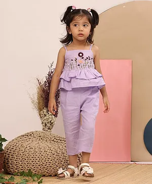 Casa Ninos Linen Embroided Top And Pants For Girls - PURPLE