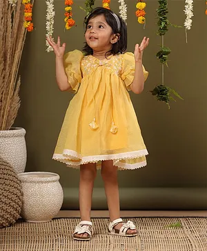 Casa Ninos Kota Silk Embroidered Dress with Lace Detailing for Girls - YELLOW