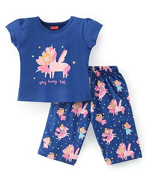 Babyhug Cotton Knit Half Sleeves Capri Night Suit Unicorn Print - Navy Blue