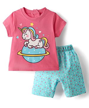Babyhug Cotton Half Sleeves Capri Night Suit Hearts & Unicorn Print- Blue & Pink