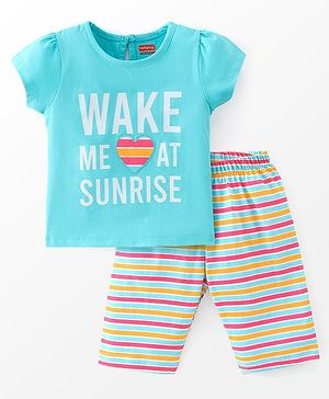 Babyhug Cotton Half Sleeves Capri Night Suit Stripes & Text Print- Blue