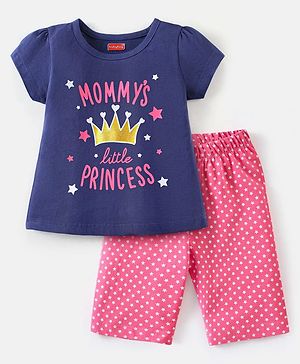 Babyhug Cotton Knit Half Sleeves Night Suit Mommys Princess Print - Navy Blue & Pink