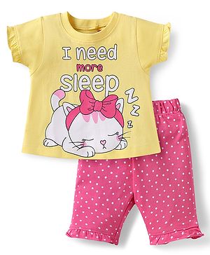 Babyhug Cotton Half Sleeves Capri Night Suit Kitty & Dot Print- Yellow & Pink