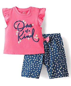 Babyhug Cotton Knit Frill Sleeves Night Suit Floral Print - Pink & Navy