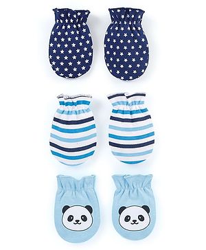 Babyhug 100% Cotton Mittens Panda Printed  & Stripes Pack of 3 - Blue & White